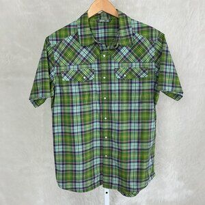 Stio Men's Eddy Green & Blue Plaid Short Sleeve Snap Front Collared Shirt M